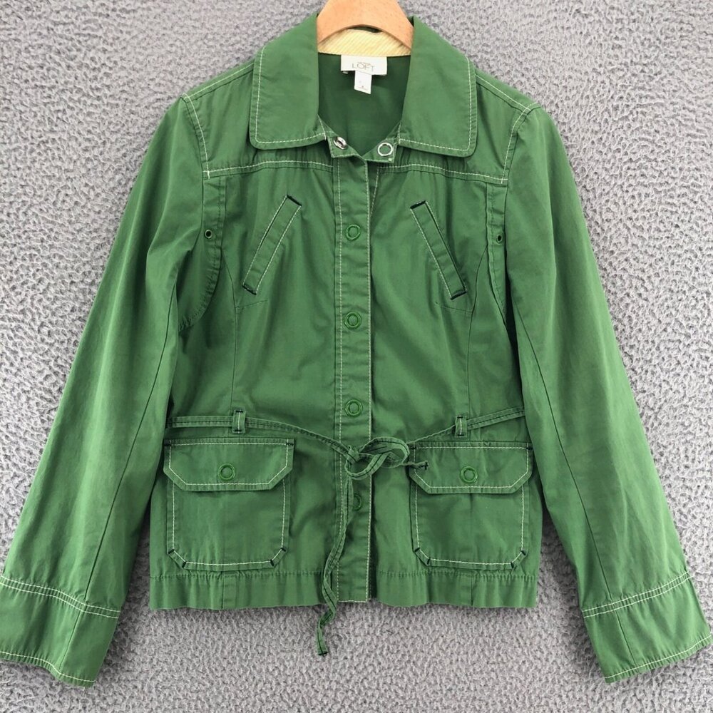 LOFT Jacket Womens 6 Green Snap Collar Pocket Tied Belt Stretch Contrast Stitch